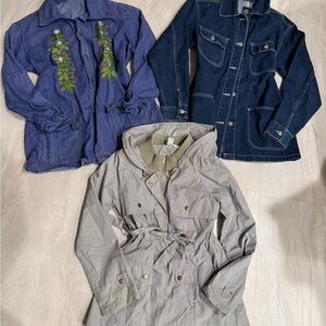 Embroidered floral fruit strawberry Drawstring Waist denim LOT chore coat S M